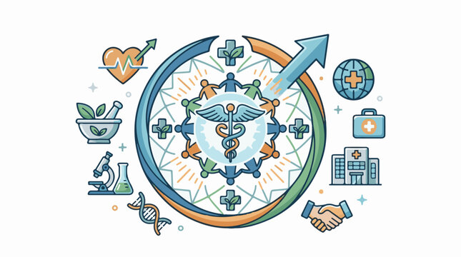 A circular graphic depicting medical symbols healthcare and global unity