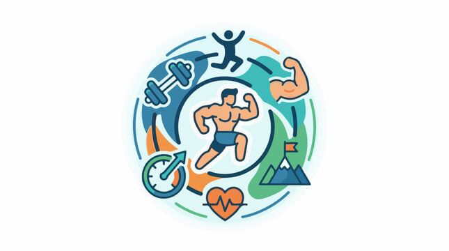 A circular graphic shows fitness icons running weightlifting mountains heart and time