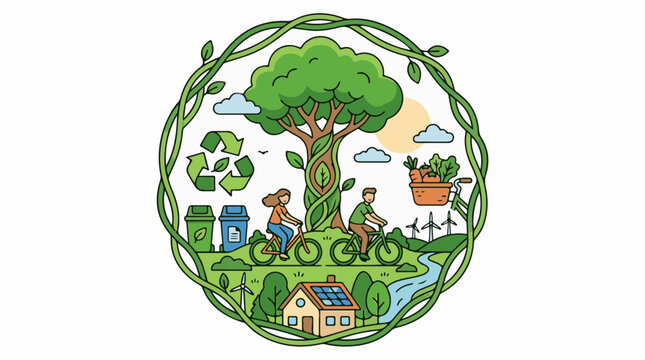 A circular illustration of a green sustainable environment with people cycling