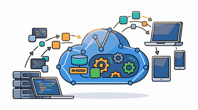 A cloud computing diagram showing data flow and devices