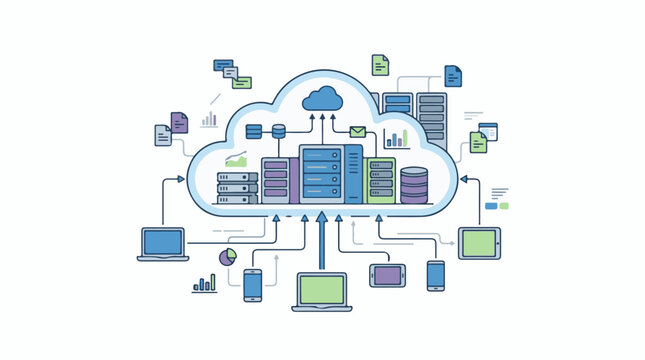 A cloud computing network connects devices and servers illustrating data flow and storage