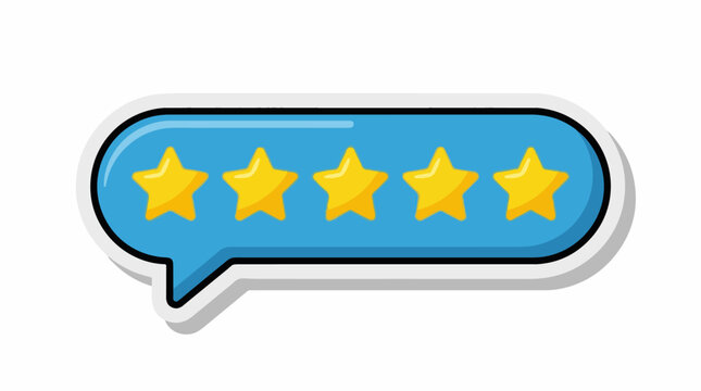 A blue speech bubble with five golden stars indicating a five-star rating