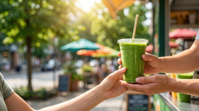 Fresh green smoothie served in a takeaway cup. Healthy drink, detox beverage, vegan nutrition, wellness, hydration and refreshing summer lifestyle concept