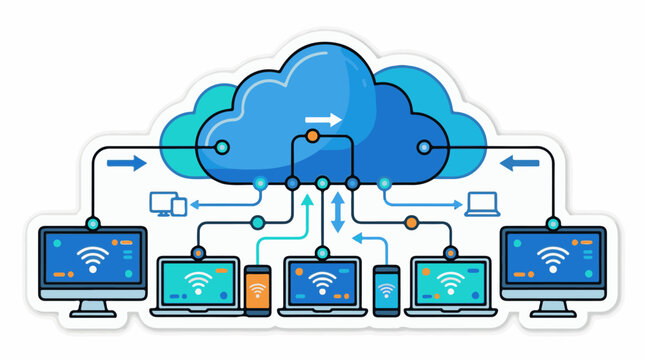 A cloud network connects various devices like computers laptops and phones