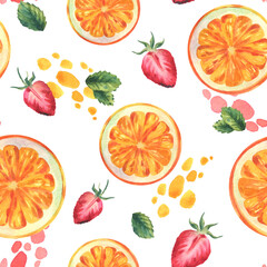 Watercolor pattern with orange slice, strawberry and mint leaf. Tropical summer fruit background for textile or wallpaper design. Juicy citrus art for menu or refreshment concept. © NATASHA-CHU