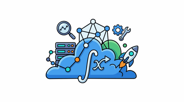 A cloud with data math rocket and tools symbolizes innovation