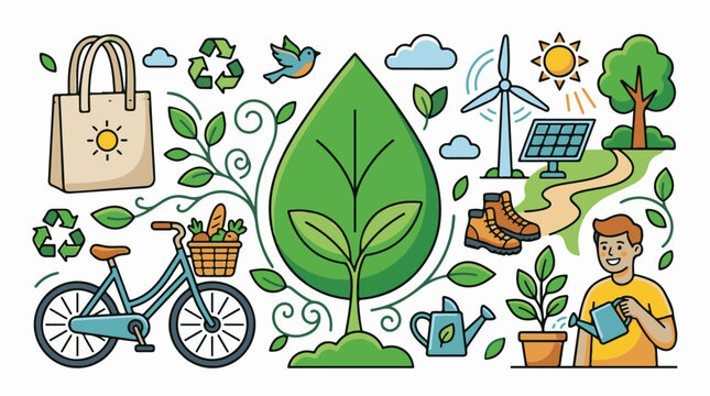 A collage of ecological icons representing green living and sustainability