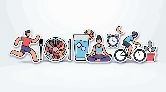 A collage of icons representing healthy living running food drinks yoga cycling