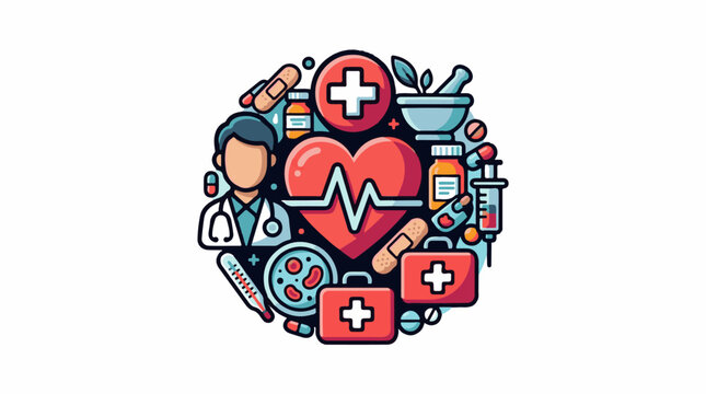 A collage of medical symbols and items including a doctor heart and various supplies