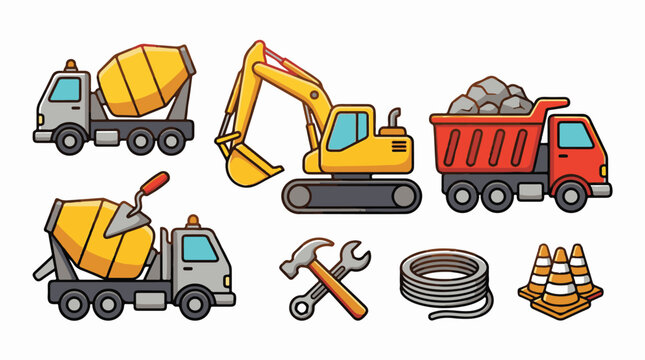 A collection of cartoon construction vehicles and tools on a white background