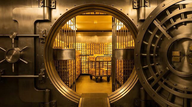 bank vault room filled with rows of gold bullion bars on shelves and trolley inside secure facility with large open vault door and intricate combination lock wheel mechanism detailed.