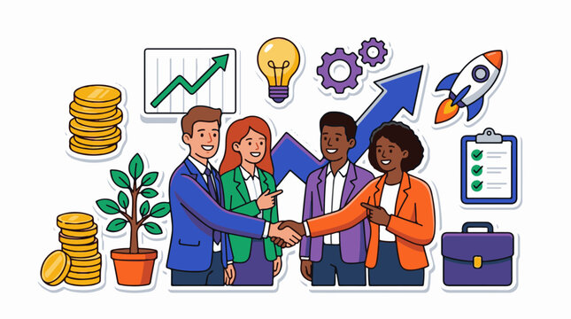 A colorful cartoon illustration depicts four diverse business professionals shaking hands