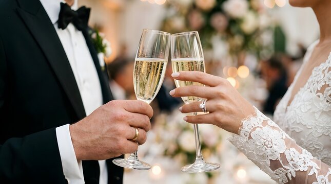 Elegant couple toasting with champagne at wedding reception