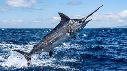 Fototapeta premium Majestic marlin fish leaping from ocean waves under clear blue sky