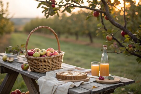 Freshly baked apple pie sits on a rustic wooden table next to a woven basket filled with ripe red apples and a glass of juice in a sunny orchard setting.