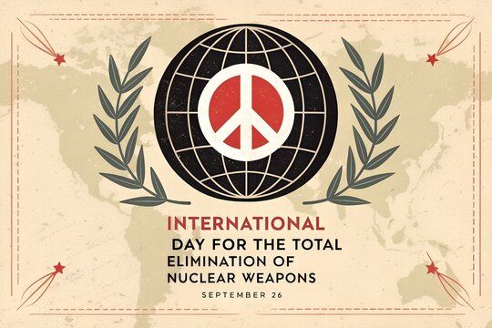 International day for the total elimination of nuclear weapons poster design featuring a graphic peace symbol over a stylized globe with vintage paper texture and elegant olive branch laurel leaves