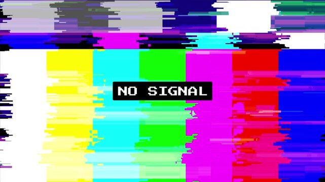 No signal VHS color bars glitch animation with analog distortion and retro broadcast test screen. Perfect for vintage video, VFX, motion graphics, TV effects, and digital overlays.