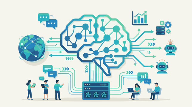 A blue and green illustration depicting a brain with connected lines and people working