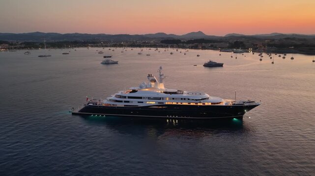 Drone cinematic tracking shot of the illuminated luxury super yacht Al Mirqab anchored in Corfu bay at dusk, surrounded by smaller sailing boats and yachts under a colorful twilight sky.
