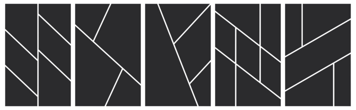 Black manga comic frame grid set, five diagonal split panel layouts, vector photo collage template mockup with grid photo effect poster and banner design. 