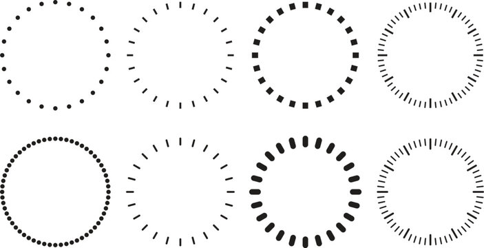 Circular clock dials. Circular scale. Circles made of dashes, clock face markings.