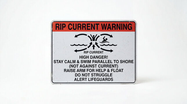 Rip current warning sign with safety instructions for swimmers and beachgoers water safety education