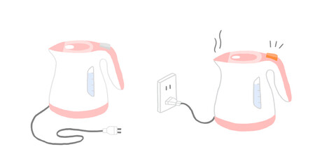 電気ケトル ピンク 2種類セット（コンセント・湯沸かし・家電）イラスト © ノラン