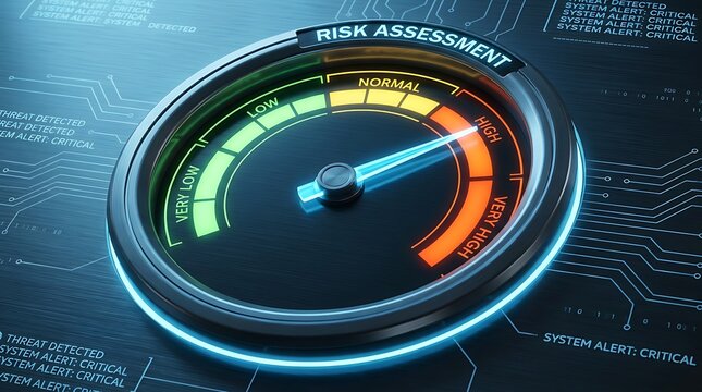 Risk assessment dashboard with high threat reading, digital display, circuit board motif, cybersecurity, danger alert and data analysis.