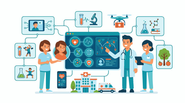 A healthcare professional and two nurses standing in front of a large screen displaying medical icons