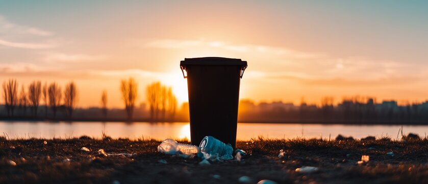 Sunset view of a black trash bin with discarded plastic waste by a lake