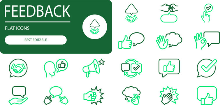 Feedback flat icons collection of communication, opinion, and user satisfaction symbols like thumbs up, handshake and speech bubbles.
