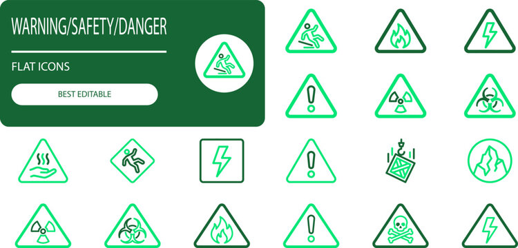 Warning safety danger flat icons set representing hazards, risks, and caution signs like fire, lightning, and biohazard symbols.