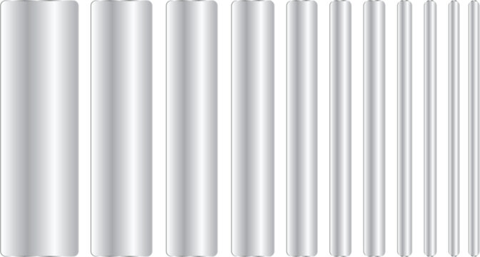 Set of metallic silver cylinders of different diameters