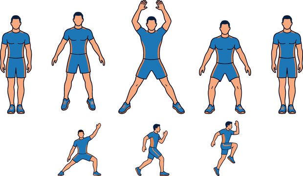Jumping Jacks and Cardio Exercise Progression Vector Set Featuring a Man Performing Warm Up Star Jumps, Side Lunges, and Jogging Poses for Fitness Training Application Graphics