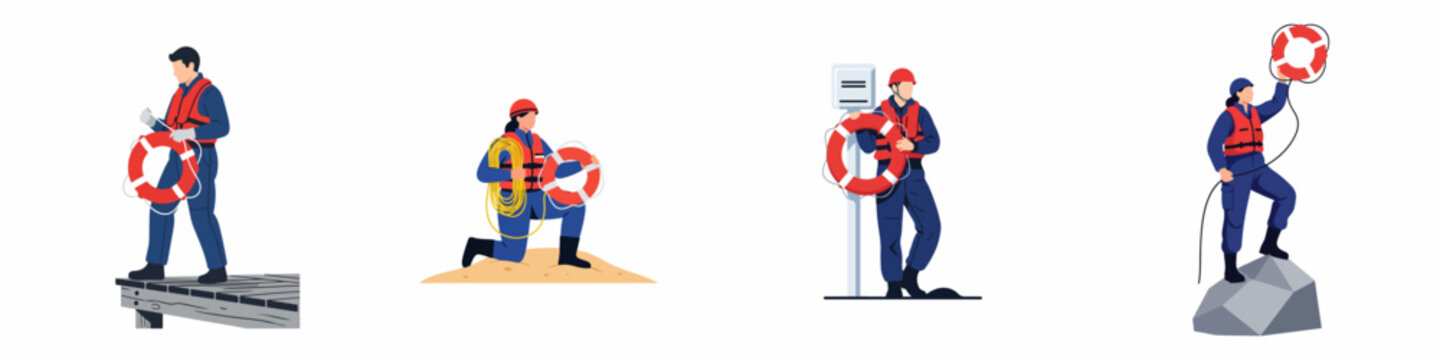 Professional maritime rescue workers set in flat vector style featuring lifeguards with lifebuoys and safety equipment for emergency response.