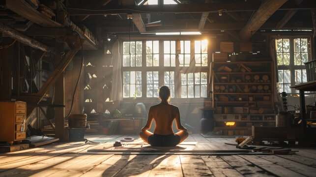 Man meditating in dimly lit rustic workshop with wooden beams