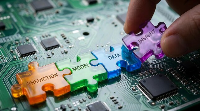 Data model prediction insight puzzle pieces connecting on computer circuit board concept for artificial intelligence and machine learning technology advancement analysis.