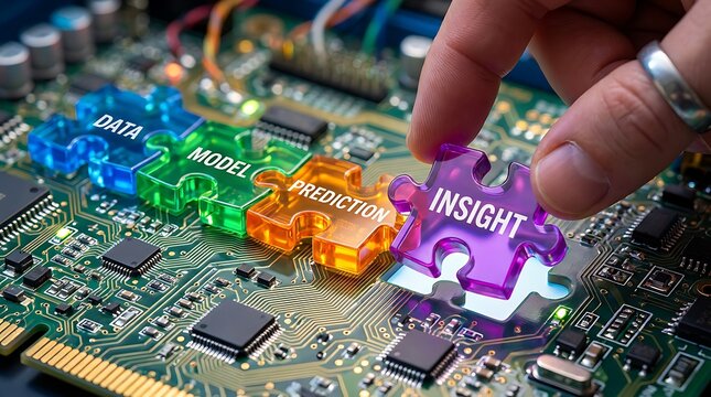Data model prediction insight puzzle pieces connecting on computer circuit board concept for artificial intelligence and machine learning technology advancement analysis.