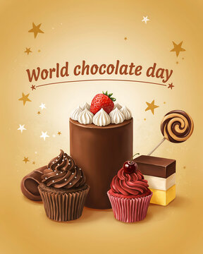 World chocolate day poster with delicious chocolate cake cupcakes and lollipop on a golden background with stars for a sweet celebration of tasty cocoa desserts and festive food treats