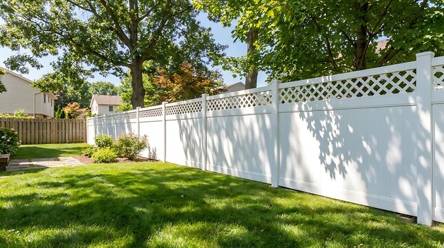 White vinyl privacy fence with lattice top bordering green lawn trees and houses in suburban neighborhood, beautiful backyard landscape.