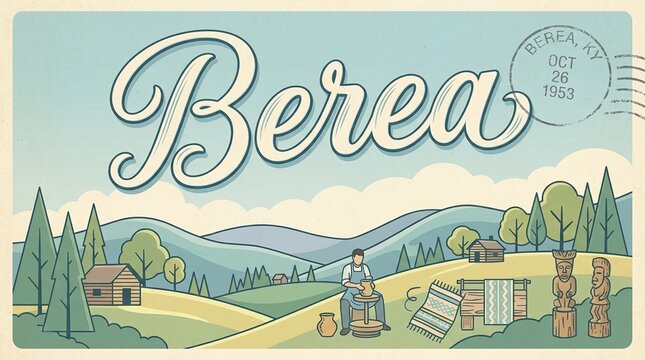 Retro Vintage Postcard Illustration of Berea, Kentucky, Featuring Artisanal Crafts, Pottery, Weaving, Wood Carving, and Scenic Appalachian Mountains Landscape