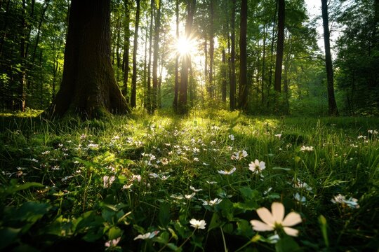 Lush green forest clearing with dappled sunlight, wildflower meadow, tall tree trunk, serene spring nature