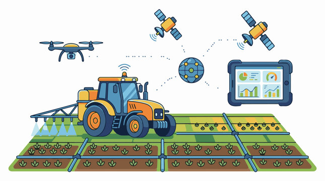 A digital illustration of a tractor with a drone and satellites monitoring and watering crops