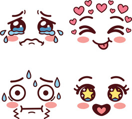 Fototapeta premium Set of Kawaii Anime Face Expressions Crying Loving Nervous and Excited