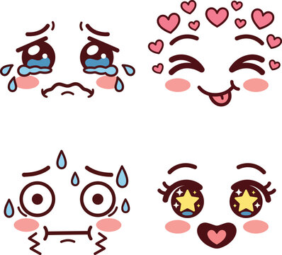 Set of Kawaii Anime Face Expressions Crying Loving Nervous and Excited