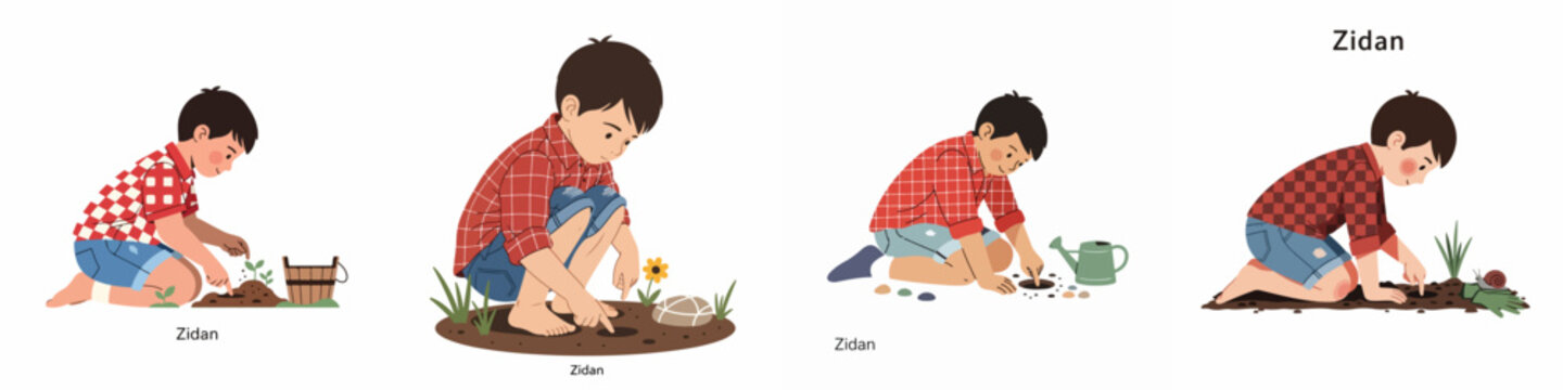 Set of Illustrations Showing a Young Boy Named Zidan Engaged in Various Gardening and Planting Activities in the Soil