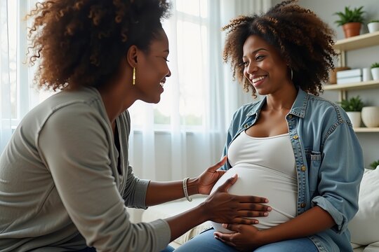 Photo Concept: The intimate bond between a doula therapist and a pregnant African American woman during a checkup, showcasing care and support.
