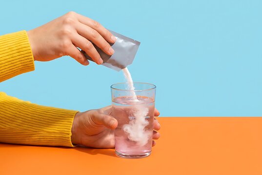 Hand pouring powder from sachet into glass with water, preparing healthy drink, close-up shot, studio lighting, bright background, wellness and hydration concept.