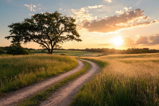 Quiet rural landscape with winding dirt path and lone tree at sunset, golden sky and calm field