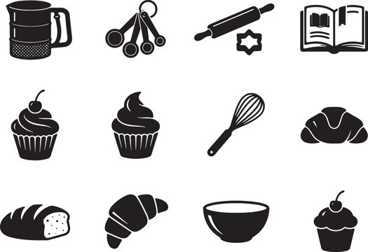 Baking tools and pastry icons set for kitchen preparation features flour sifter measuring spoons rolling pin cookbook cupcake whisk and croissant.
